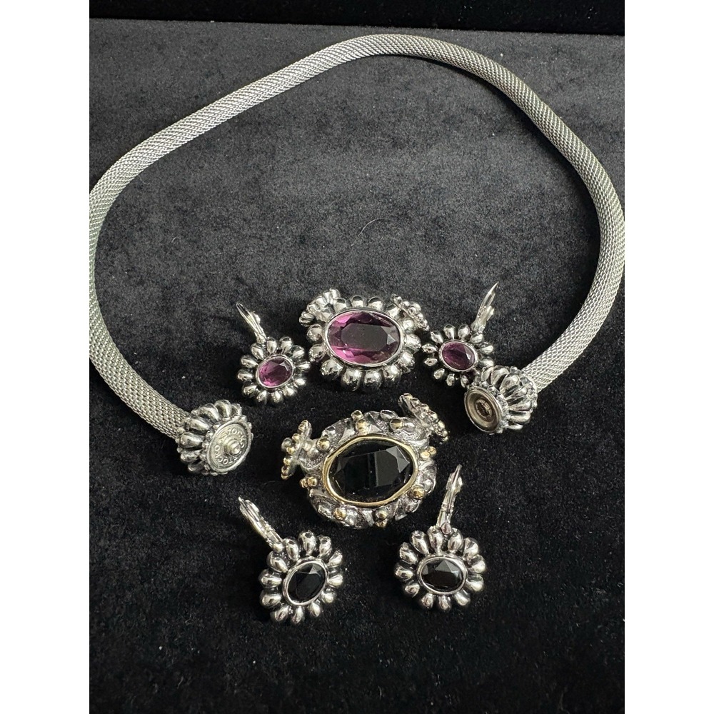 Silver Toned Mesh Snap Necklace Black Purple Pendants Earrings Lot Of 2 Sets VTG